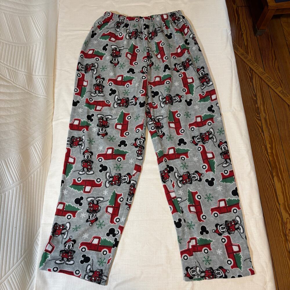 Disney Mickey Mouse M Christmas Fleece Pajama Pants Red Truck Tree Gray